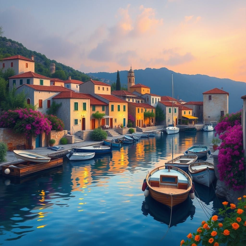 Greek Village at Dusk in Impressionist Style