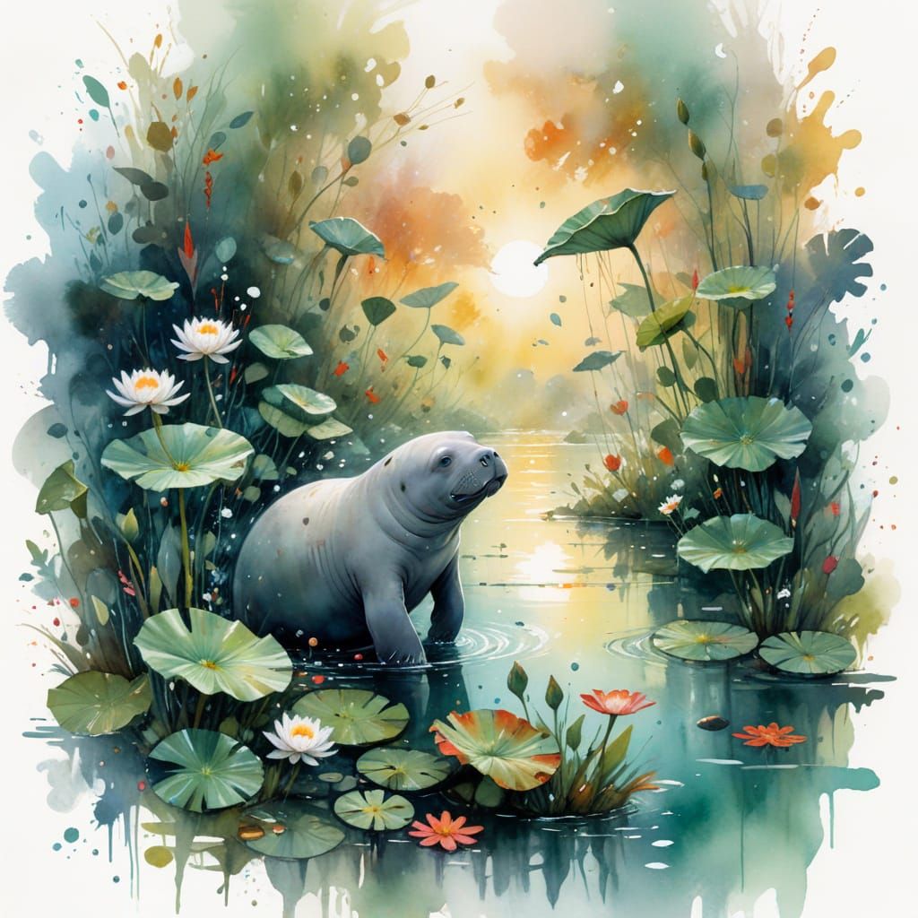 Manatee in Watercolor Lagoon, Ghibli-Inspired Style