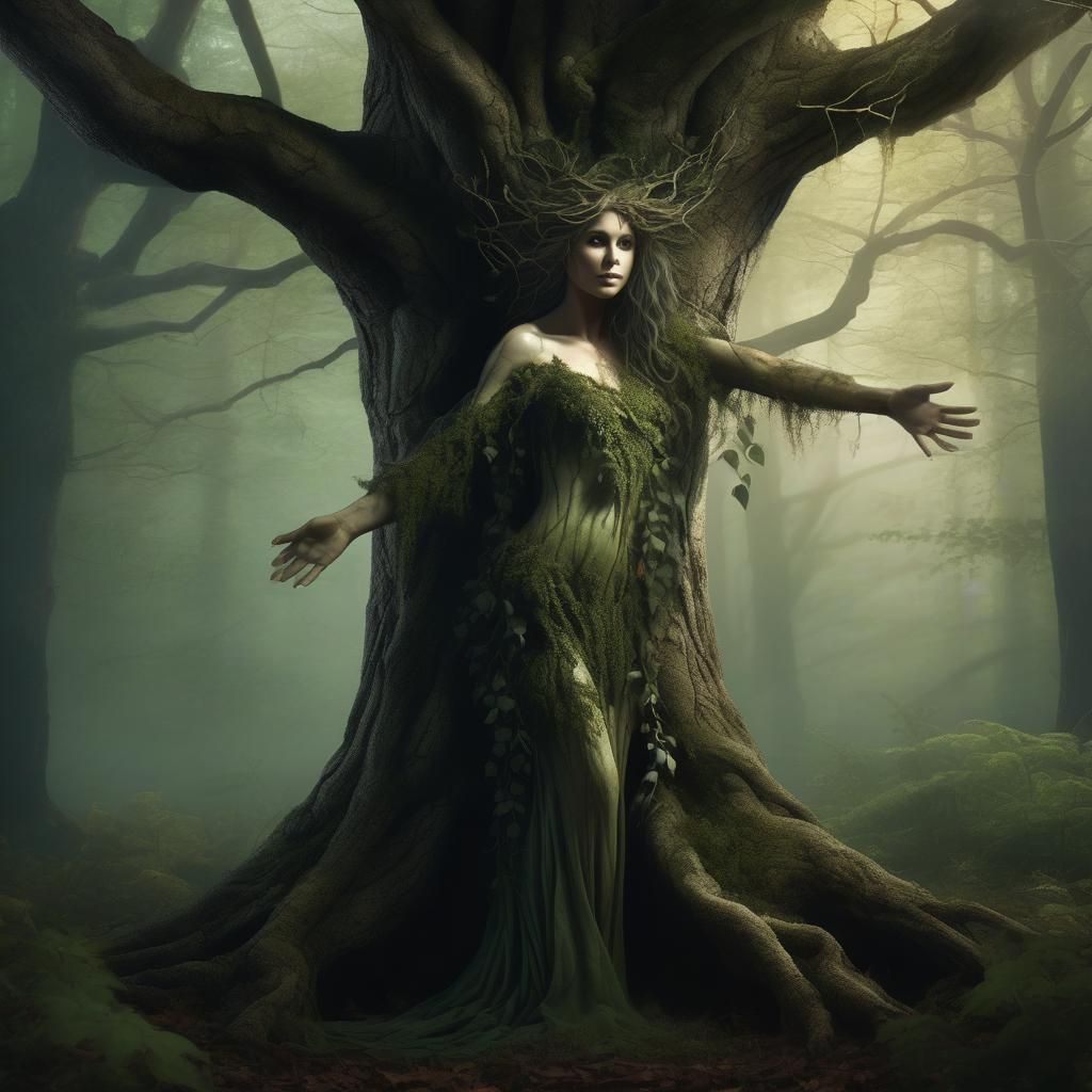 Dryad Emerges from Forest Tree