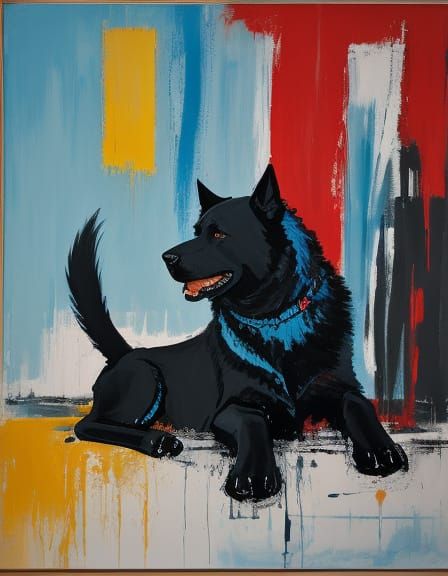 Vibrant Modernist Oil Painting of a Black Dog in a Calming S...