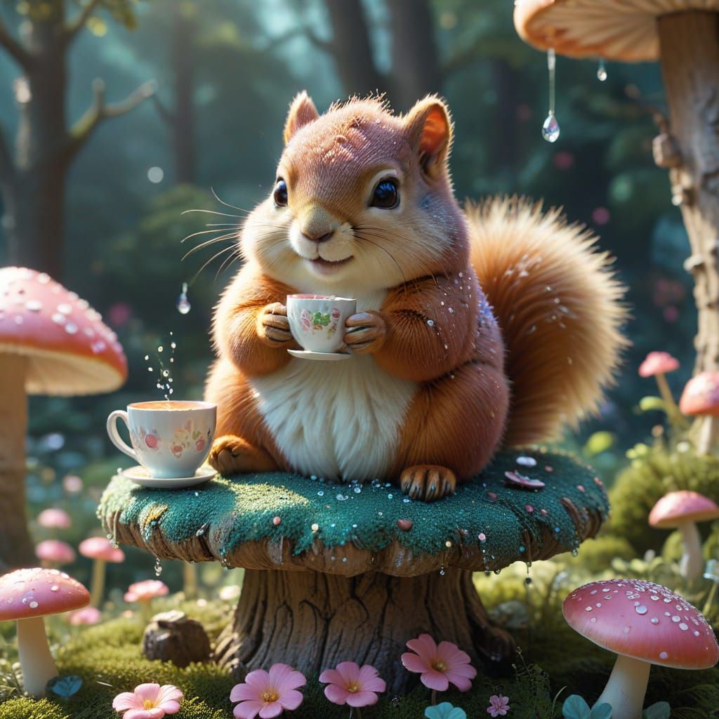 Chubby Squirrel on Mushroom Throne, Kawaii Anime Art