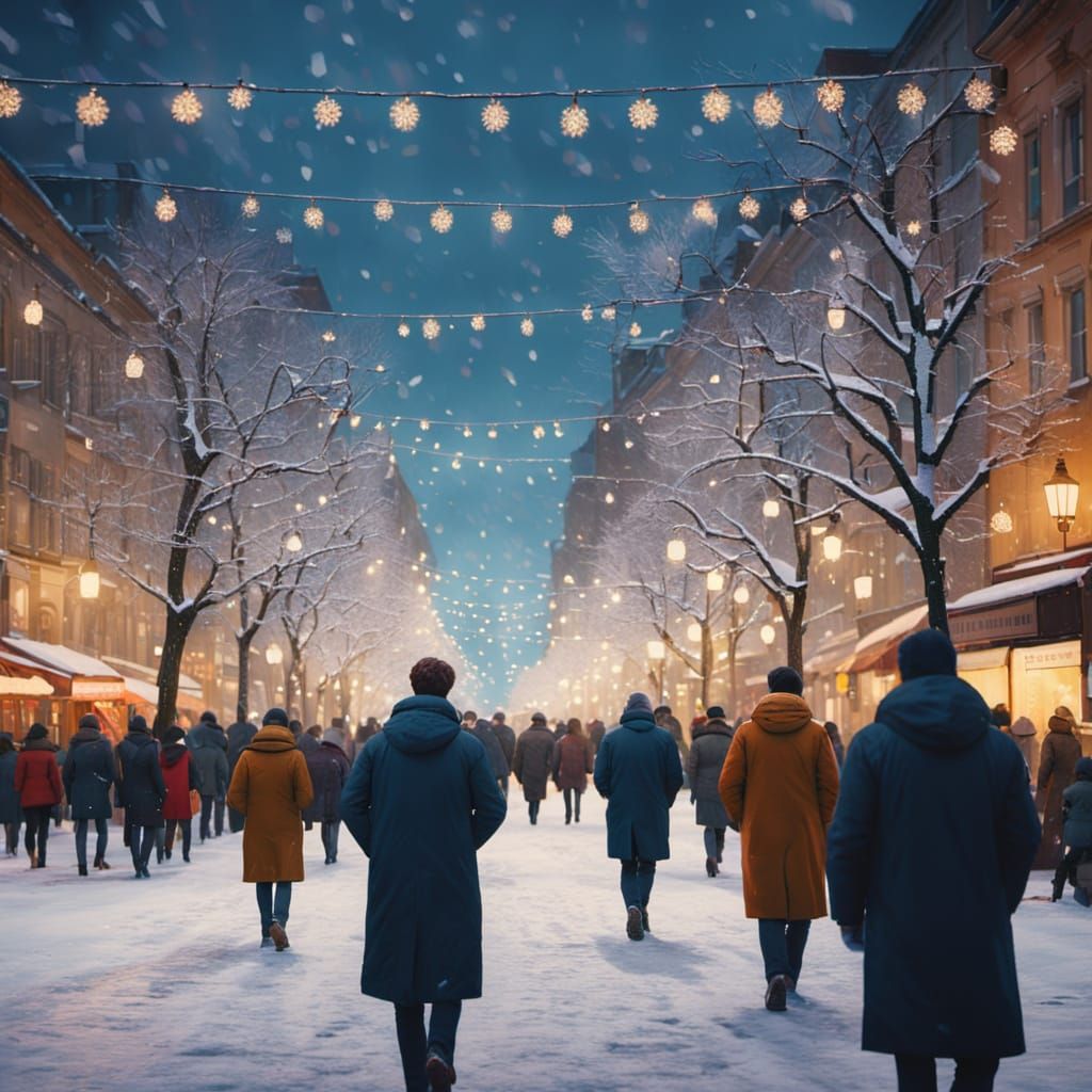 Festive City Square in Winter, Vibrant Oil Painting