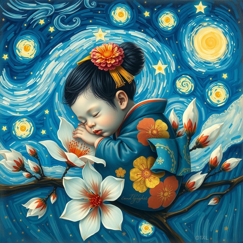 Baby Geisha Asleep in Starry Van Gogh Dreamscape
