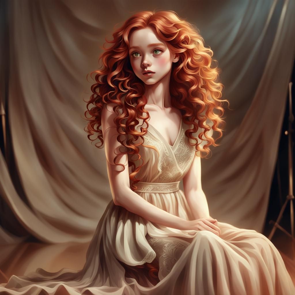 Red-Haired Girl in Beige Dress Concept Art