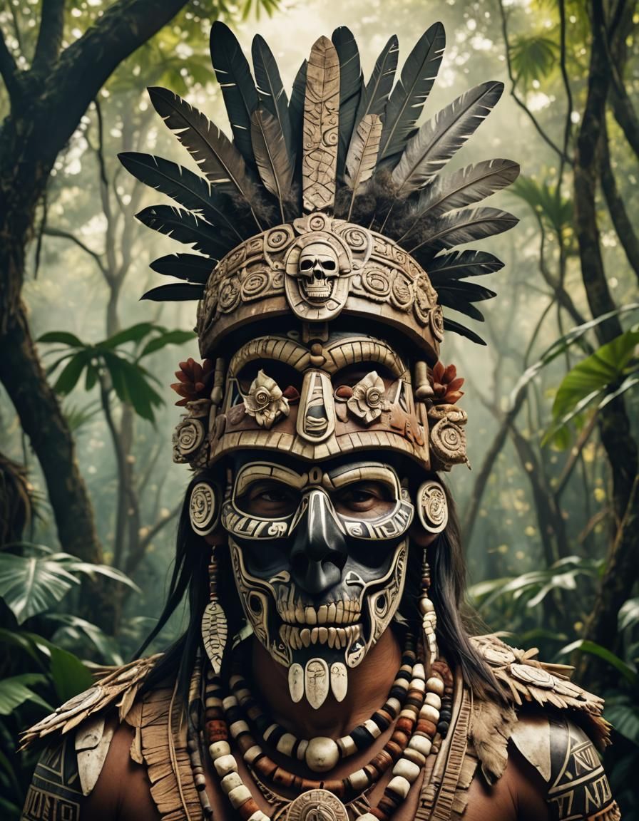 Aztec Shaman in Jungle with Tiki Mask