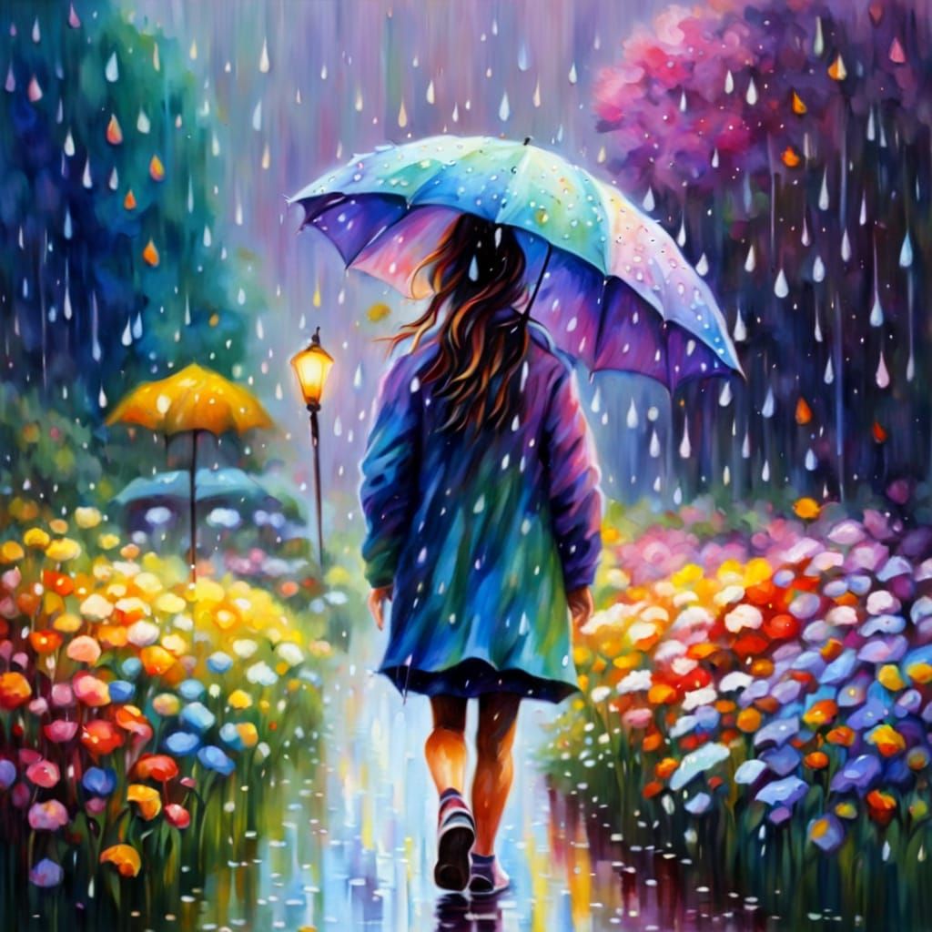 Impressionistic Girl in Rainy Flower Garden