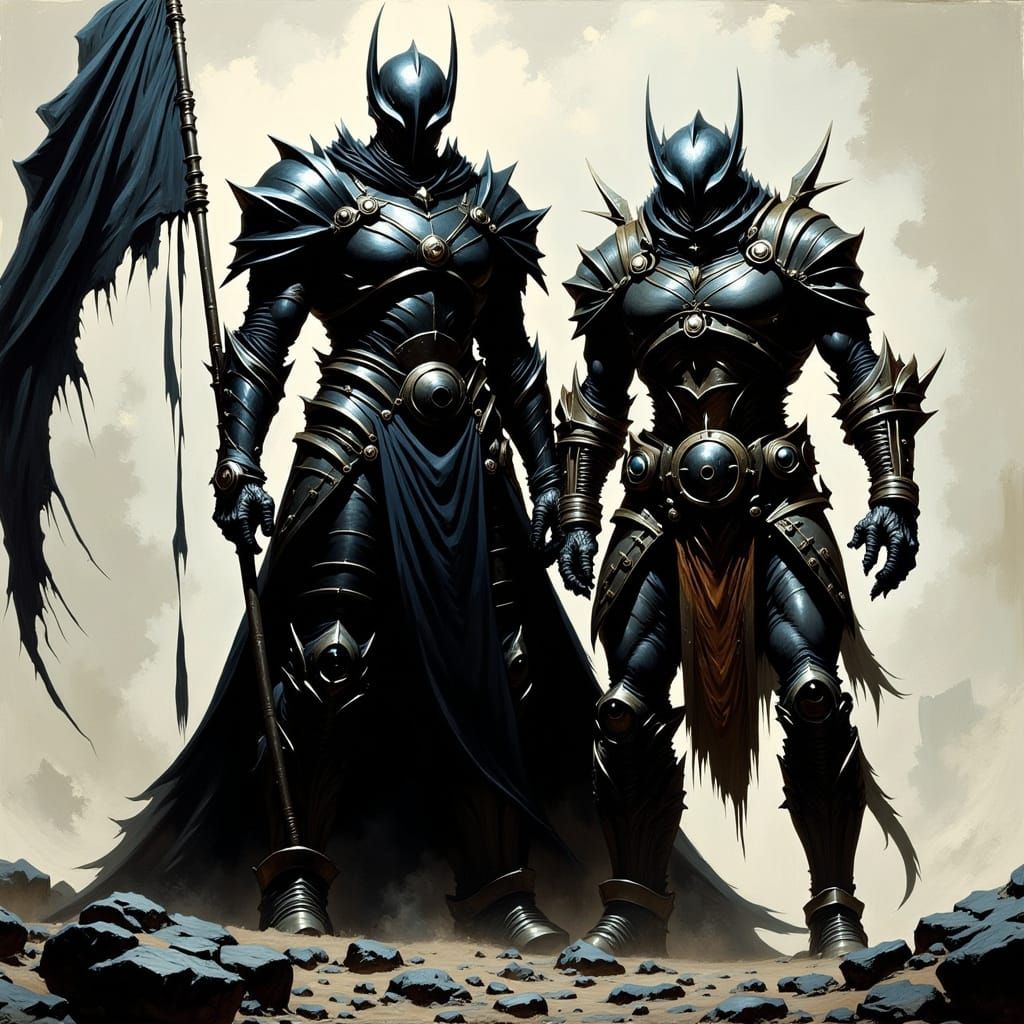 Dark Fantasy Characters Before Tattered Flag