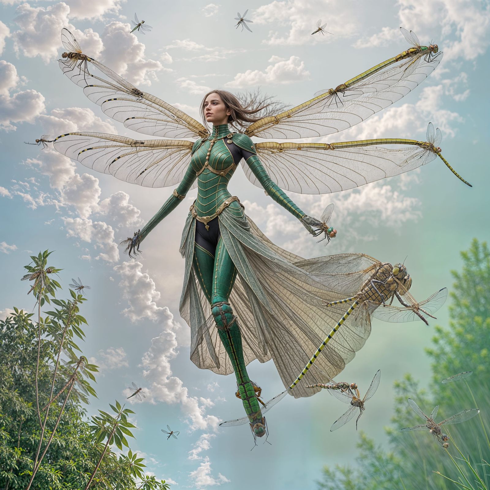 Graceful Dragonfly with Human Limbs in Flight