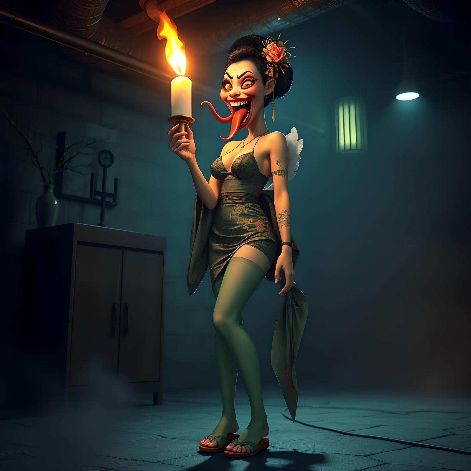 Fierce Geisha in Basement with Candle, 3D Render
