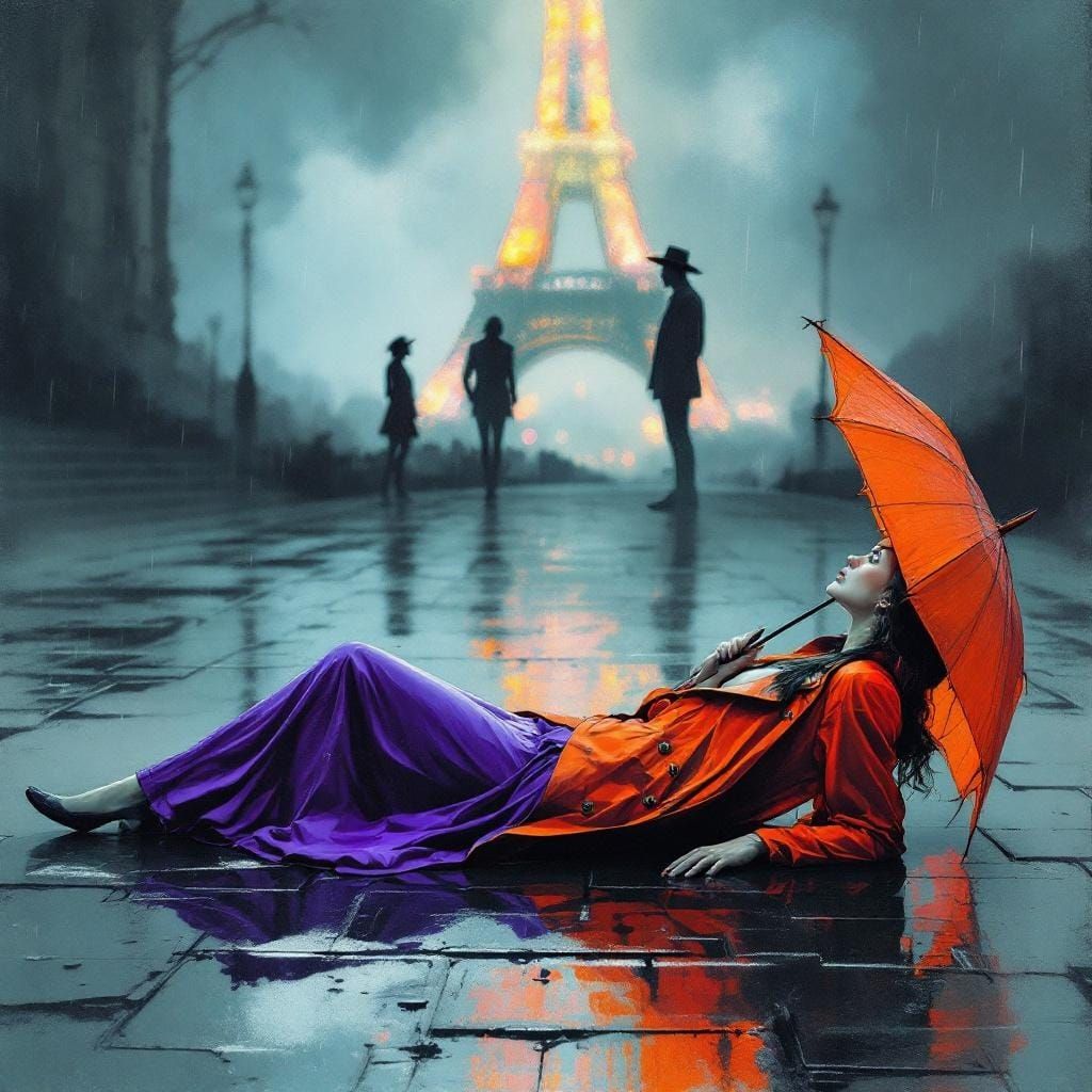 Eiffel Tower View: Woman with Orange Umbrella