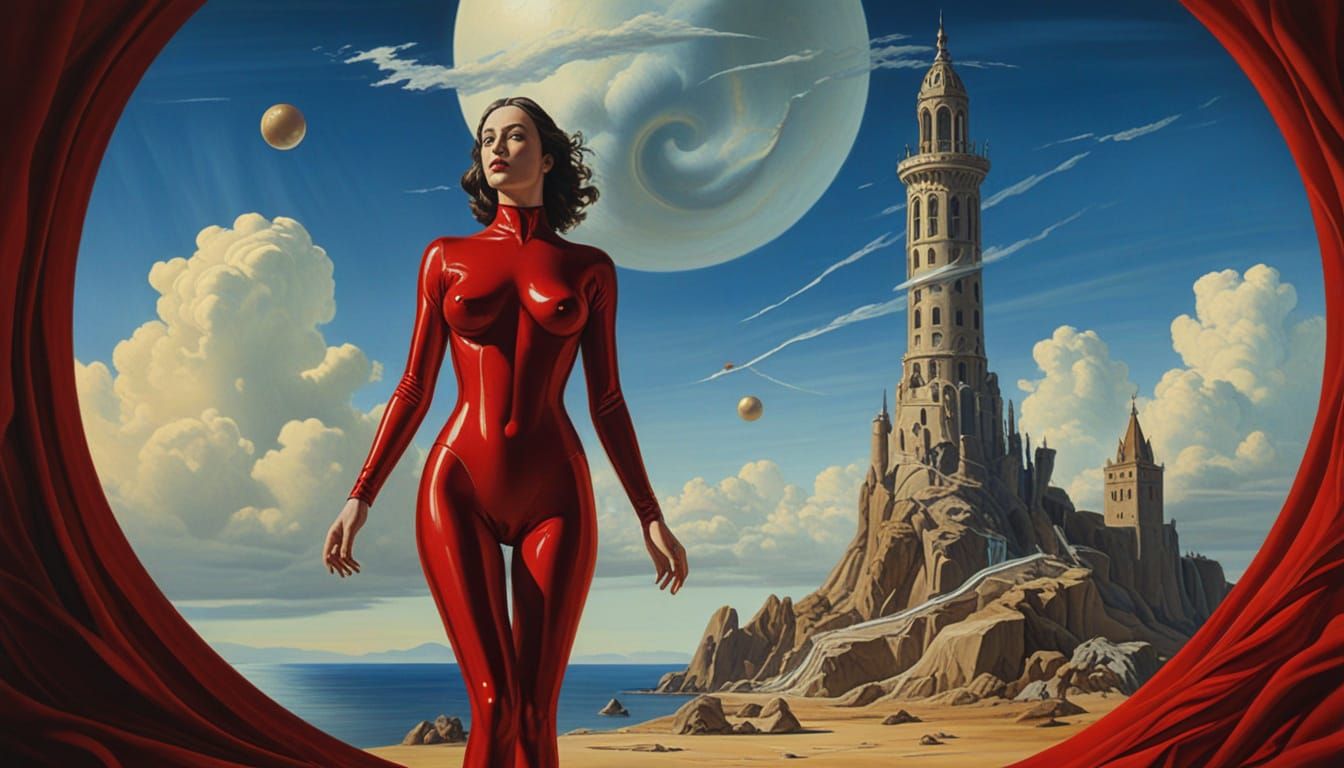 Surreal Woman in Red Latex on Mars, Oil Painting
