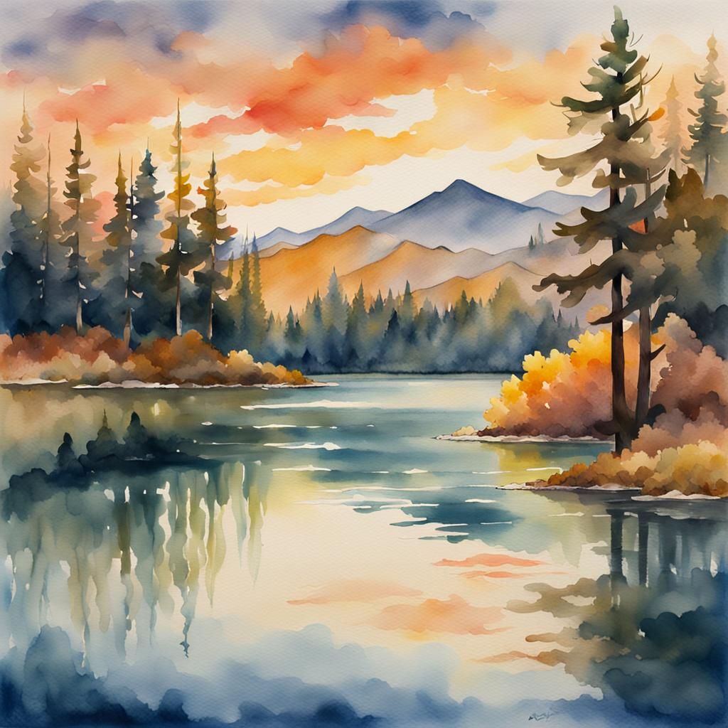 Mountain Lake Sunset in Watercolor Style