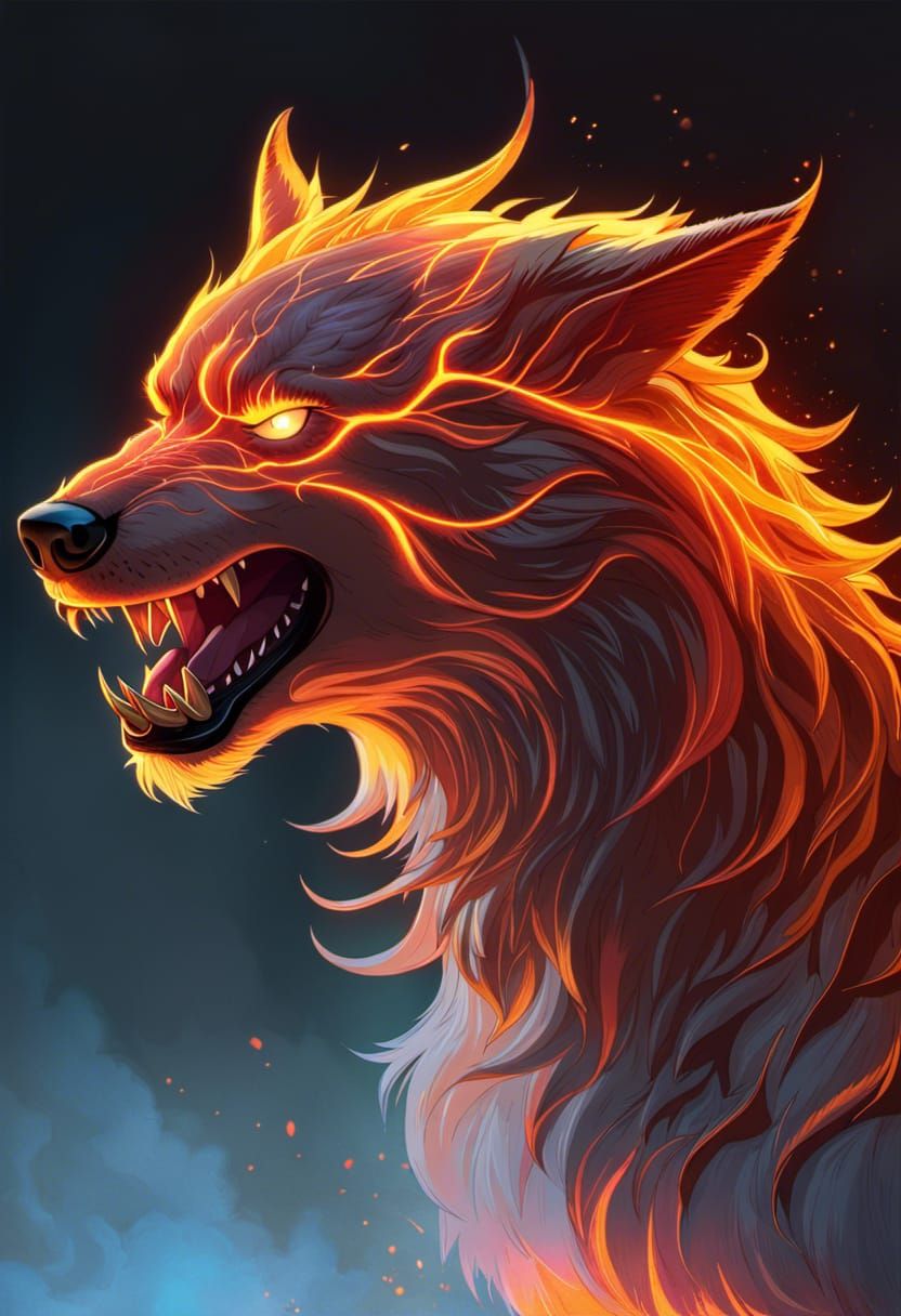 Fiery Dire Wolf Portrait in Hyperdetailed Style