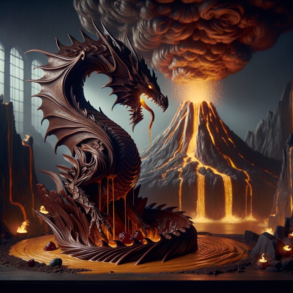 Chocolate Dragon Emerges from Caramel Volcano