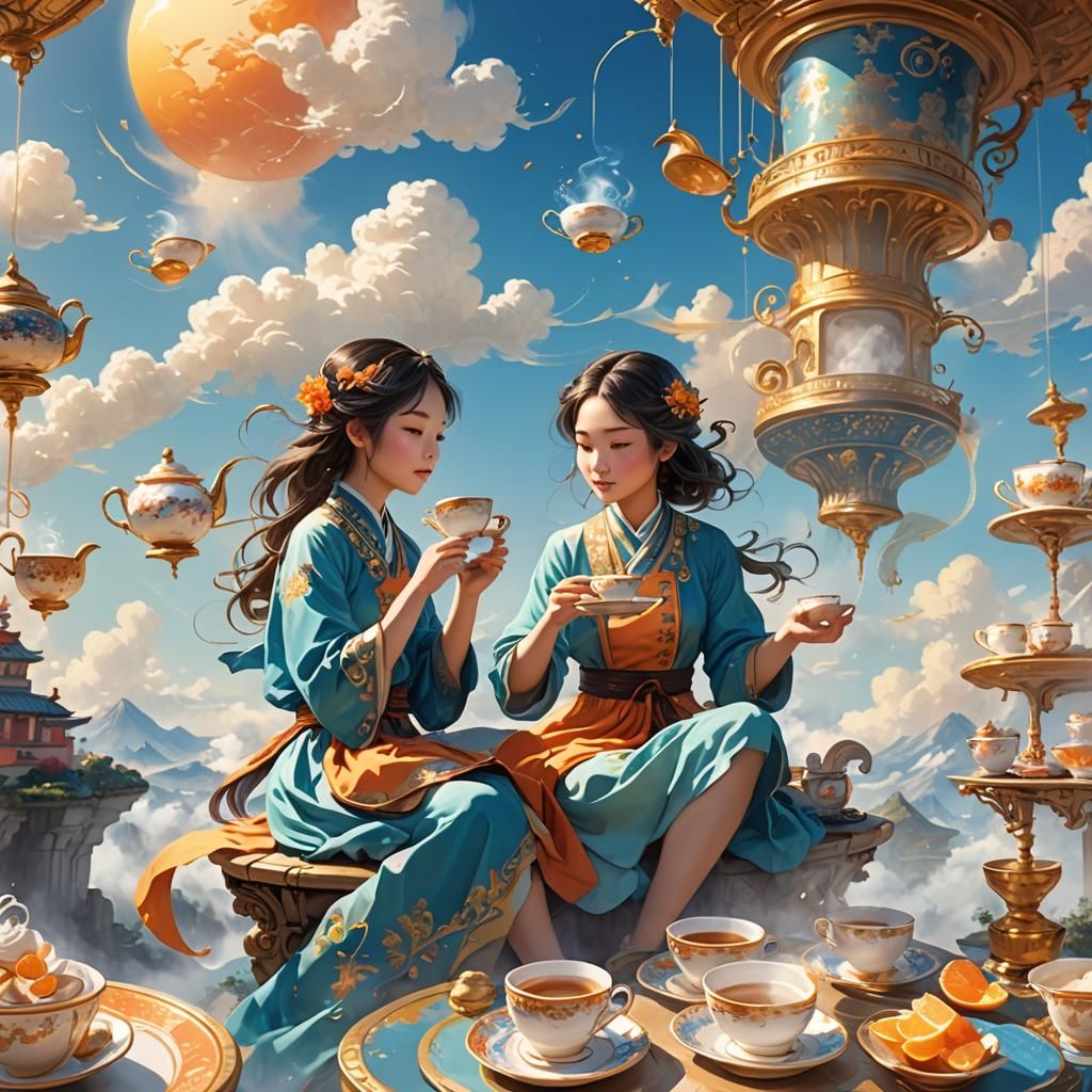 Fantasy Girl Takes Tea in Dreamy Sky