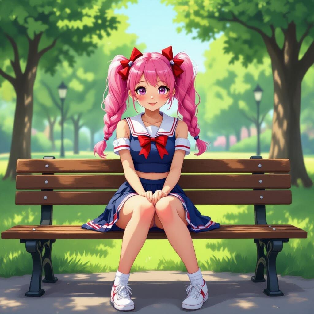 Pink Haired Cheerleader Relaxing on Park Bench
