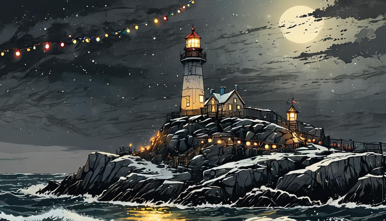 Festive Christmas Lighthouse on Rocky Coast