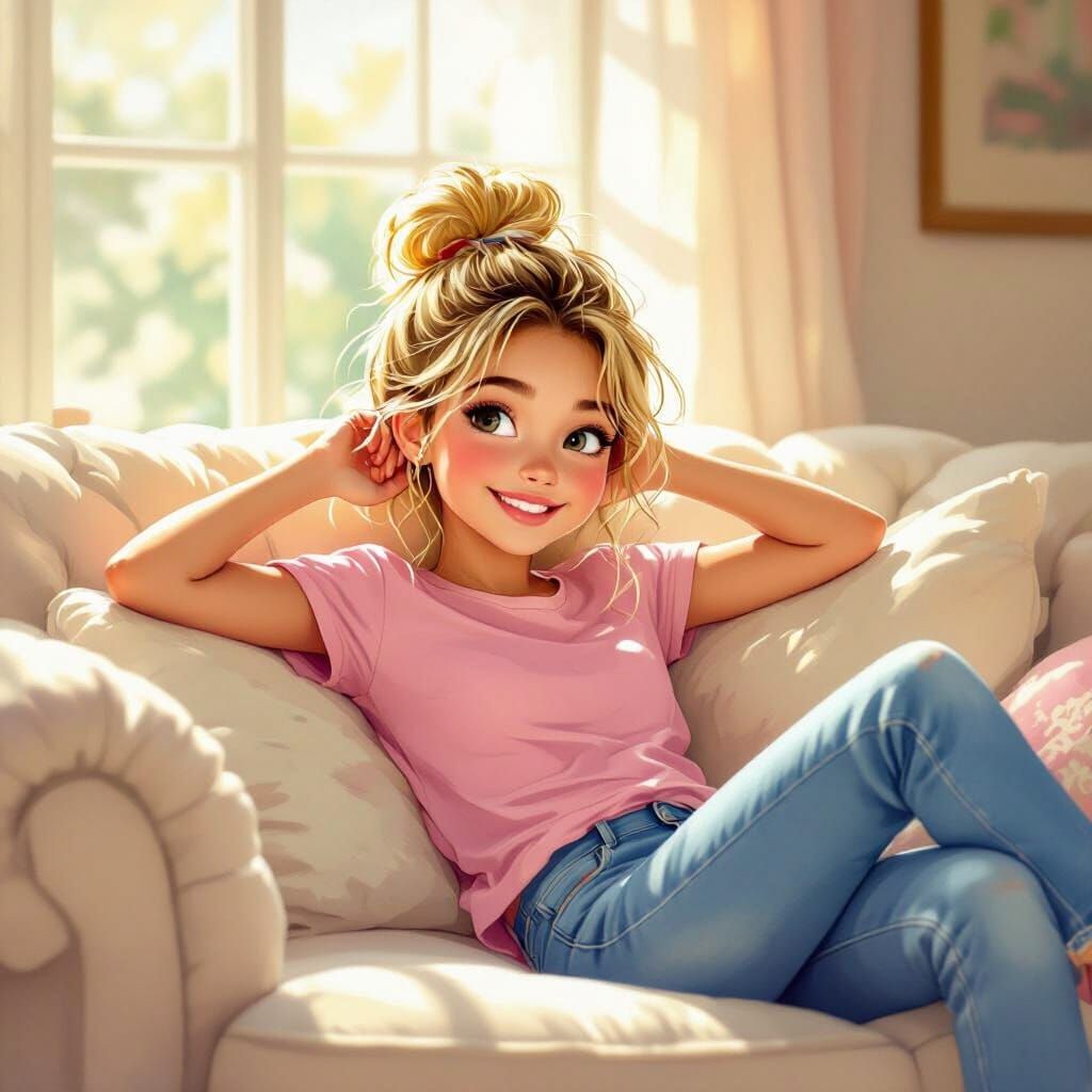 Happy Teen Girl Relaxing on Sofa in Painterly Style