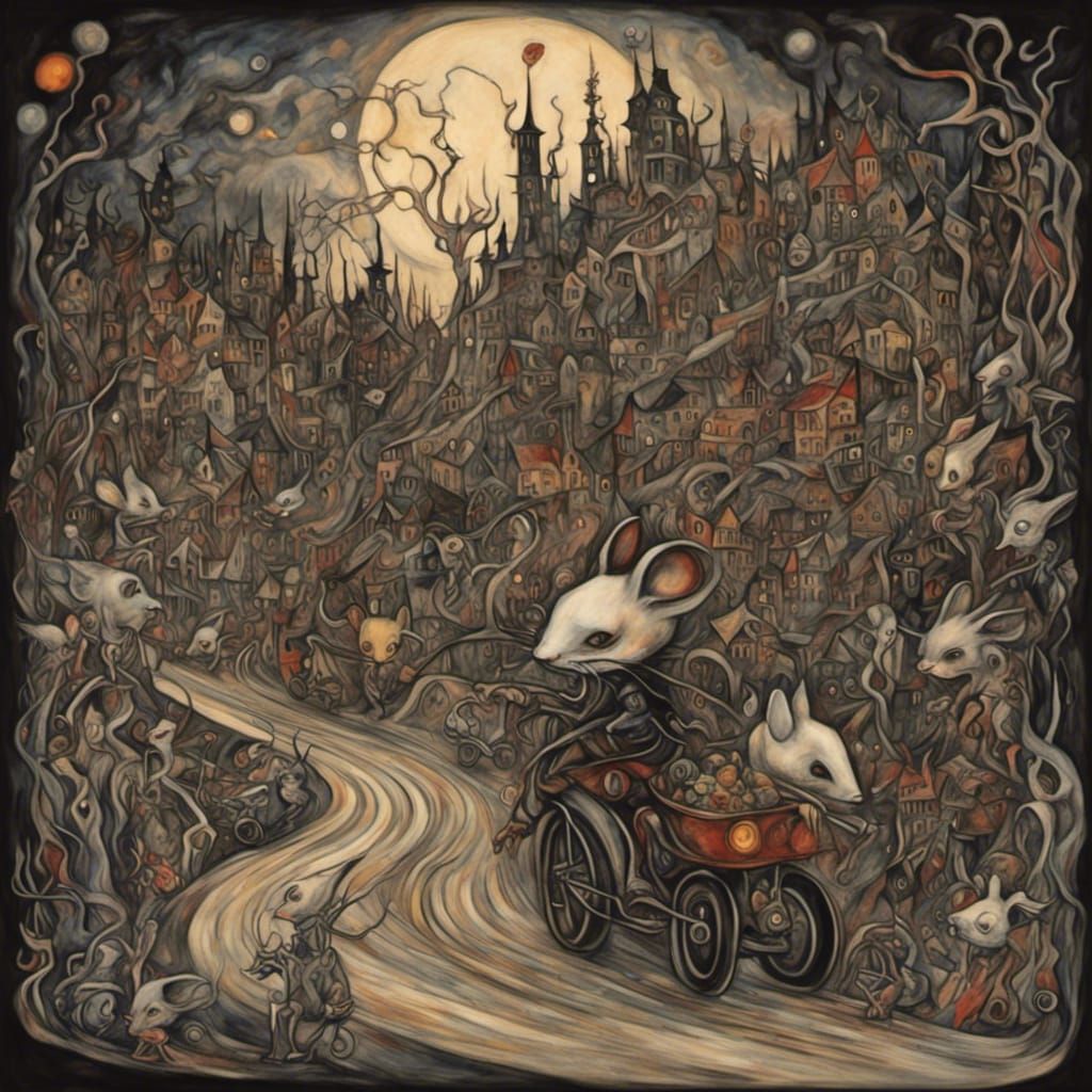 Chibi Mouse on Motorcycle: Chalk Art in Haunted Forest