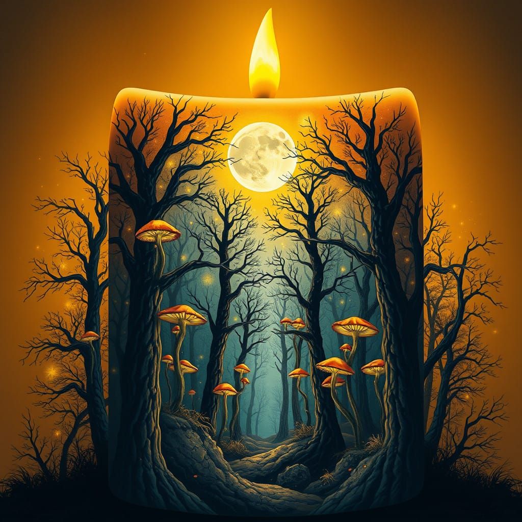 Majestic Candle Illuminates Autumn Forest Under Starry Night...