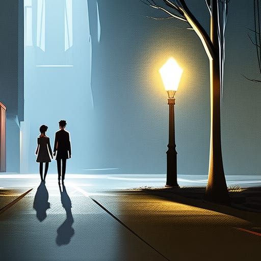 Couple's Shadows on an Abandoned Street at Night