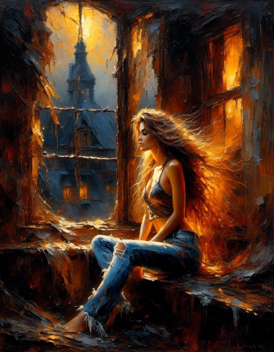 Woman in Attic: Impasto Oil Painting