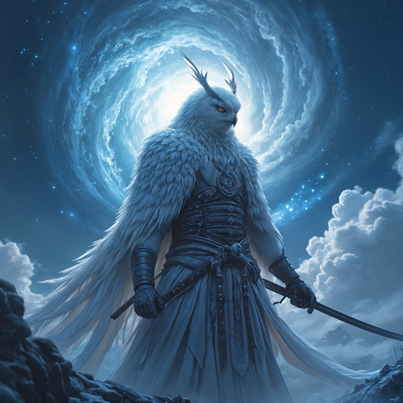 Majestic White Owl Samurai in Hyperspace