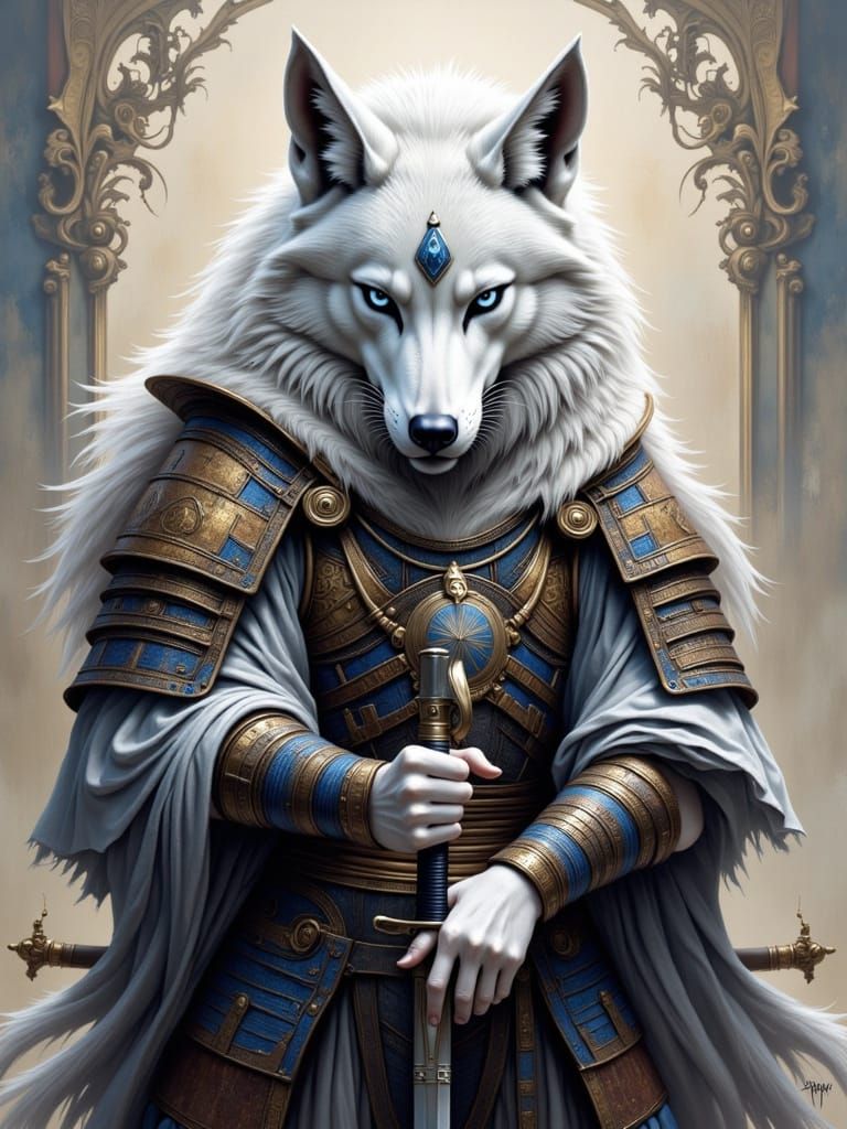 Regal White Wolf Samurai in Elegant Armor