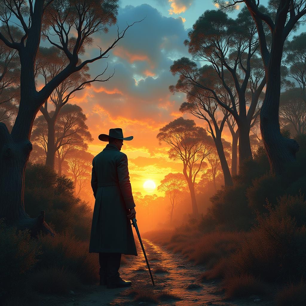 Menacing Bushranger in Surreal Australian Landscape