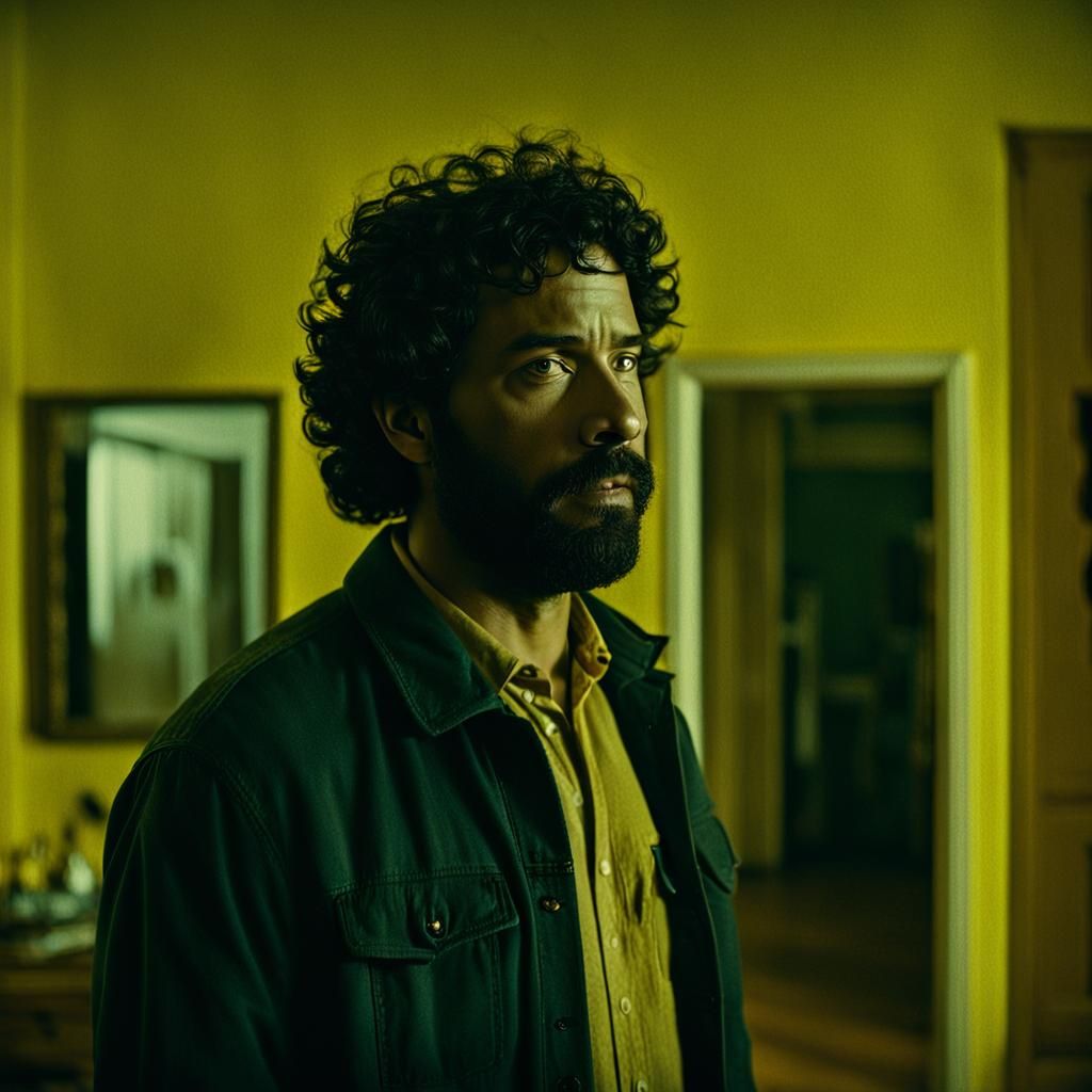 Moody Film Noir Man in Yellow Apartment