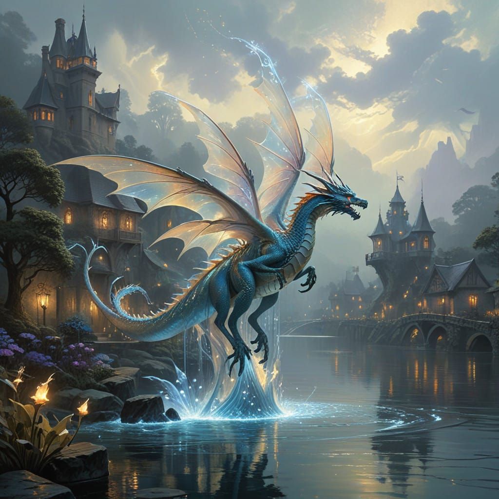 Mystical Fairies Mount Water Dragons in Victorian Landscape