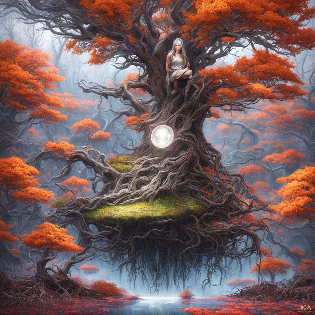 Surreal Futuristic Garden with Glowing Tree in Mid-Air