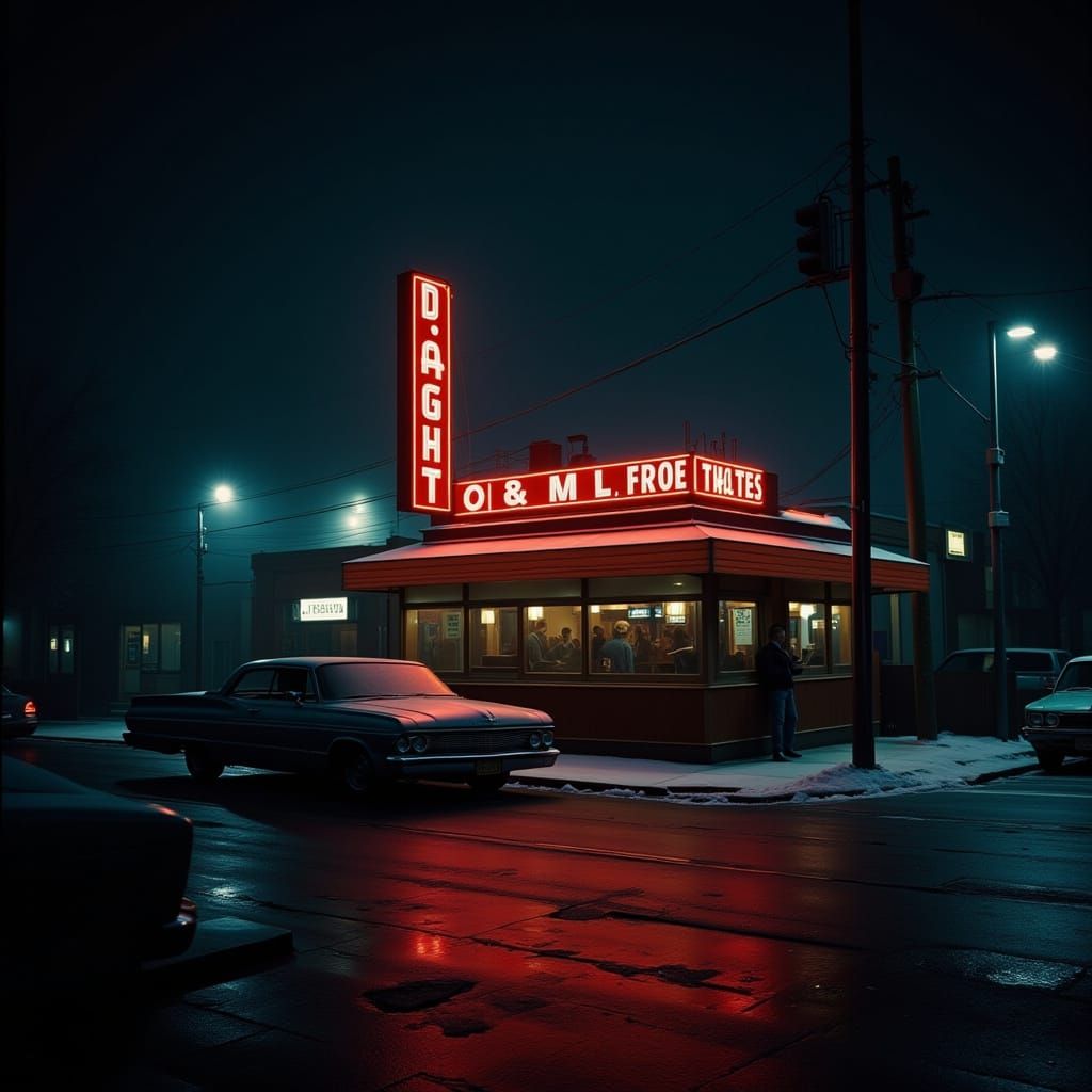 Neon Diner at Midnight in Rainy City