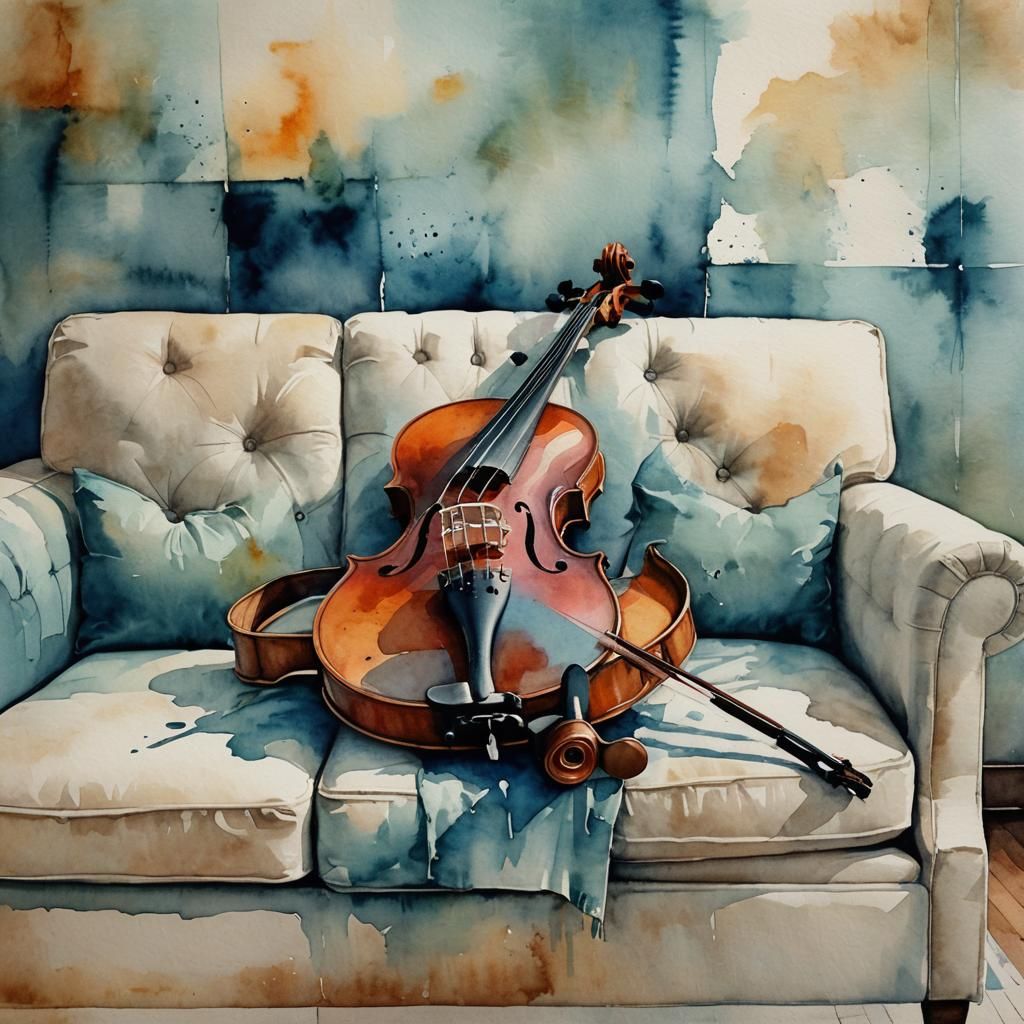 Abstract Watercolor Violin on Sofa
