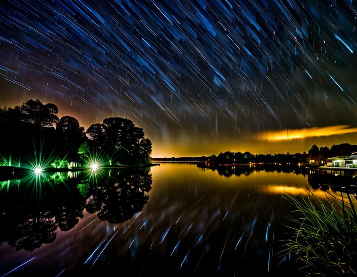 Maximalist Meteor Shower Reflecting on Water