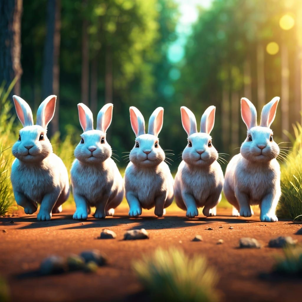 Marching Rabbits in Grassy Field, Digital Render