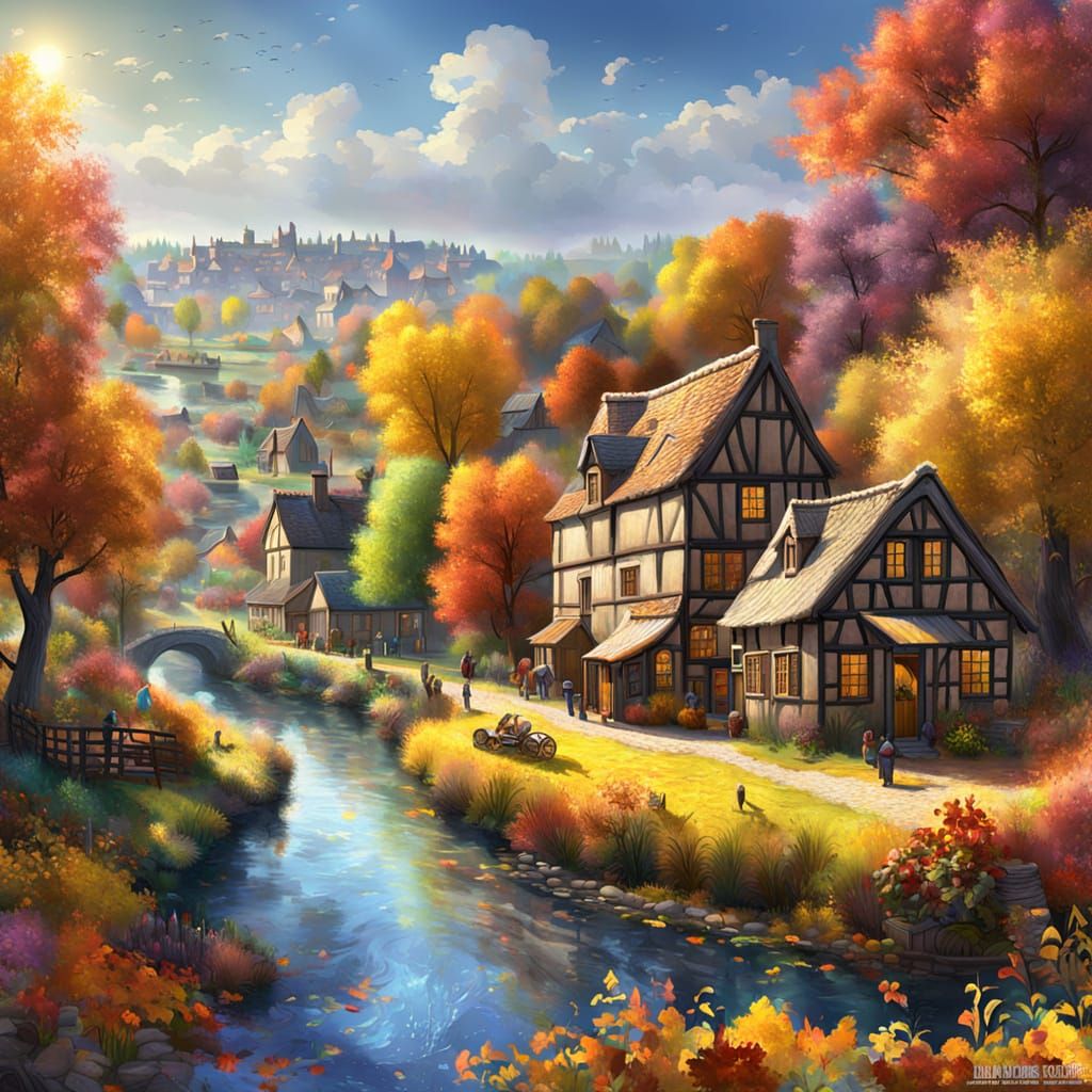 Dreamy Autumn Village in Rural English Riverscape