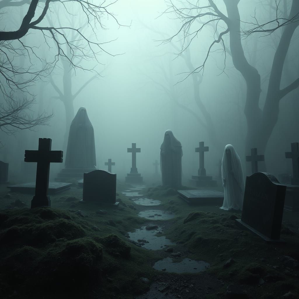 Mysterious Graveyard Unveils Ghostly Forms in Eerie, Monochr...