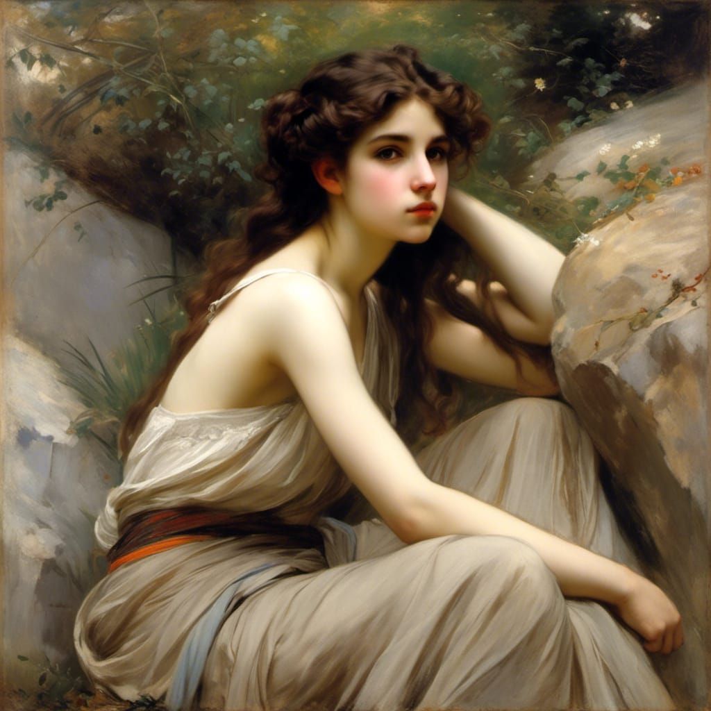 Girl on Boulder in Classical Realism Style