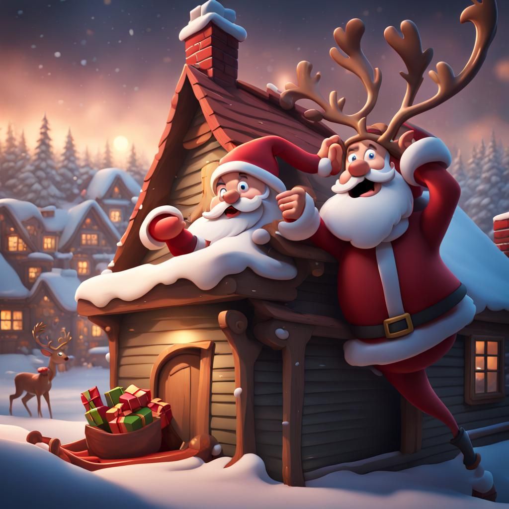 Cartoon Santa's Rooftop Mishap: A Christmas Comedy
