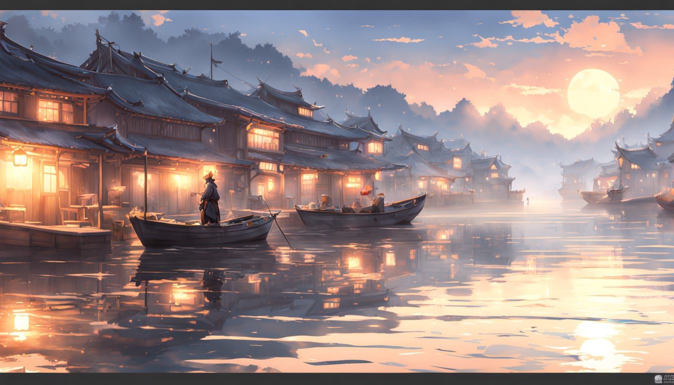 Peaceful Japanese Fishing Village at Dawn Watercolor