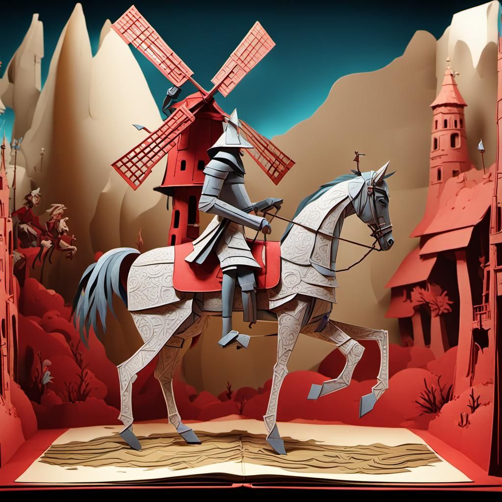 Don Quixote Pop-Up Book Illustration in Papercraft Style