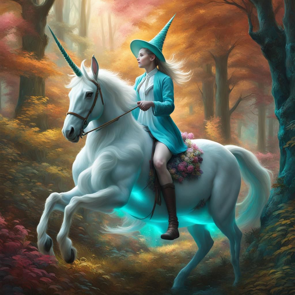Humanoid on Unicorn in Forest: Digital Art Wonders