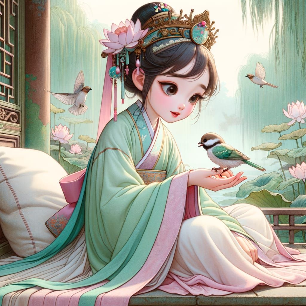 Chinese Girl's Coronation in Pastel Storybook Style