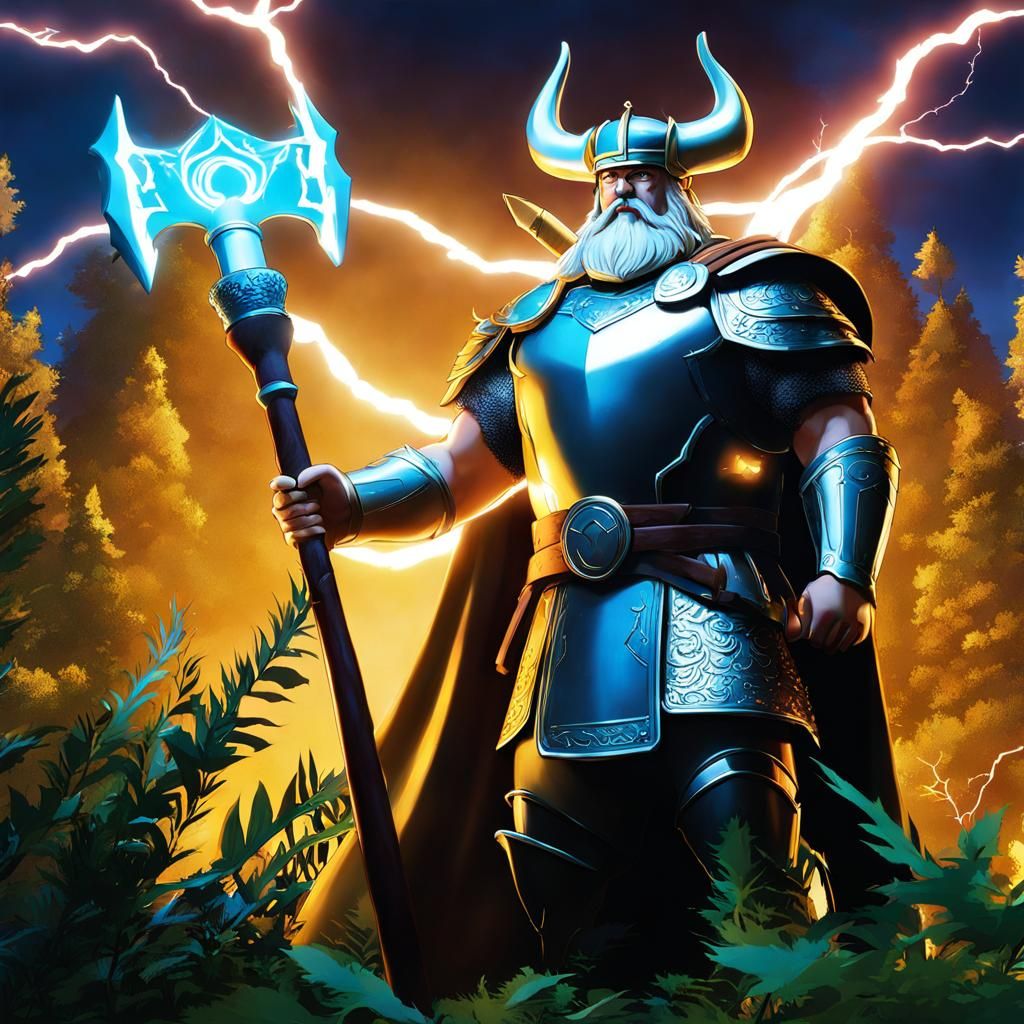 Robert Baratheon with Mjolnir hammer lightning and forest