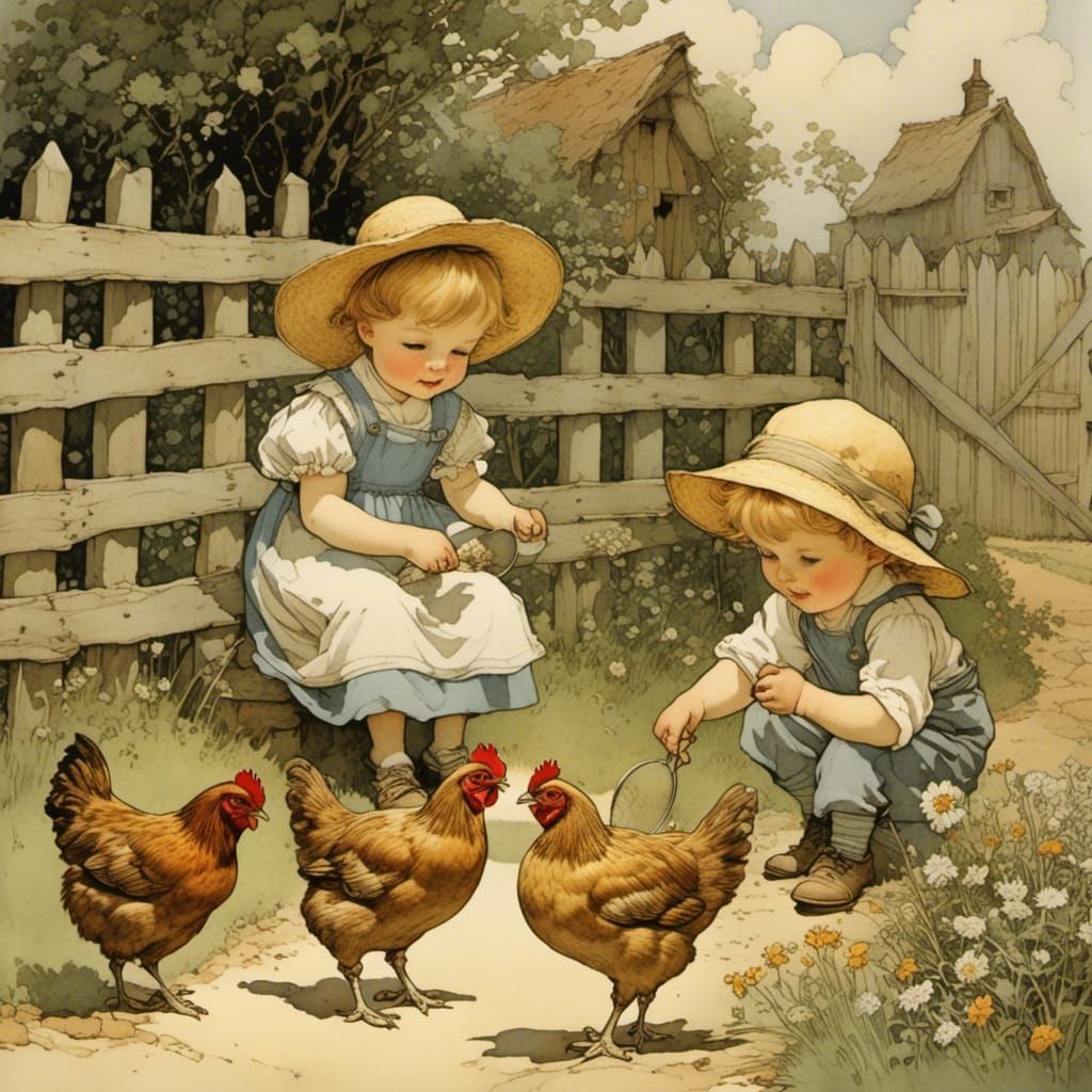 Whimsical Farm Scene with Toddler Siblings and Friendly Chic...