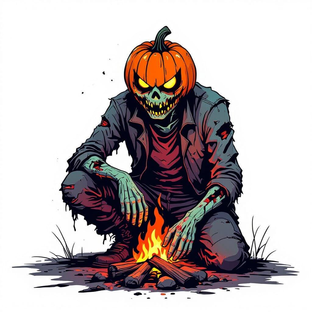 Pumpkin Zombie Warms Hands in Vector Art Style