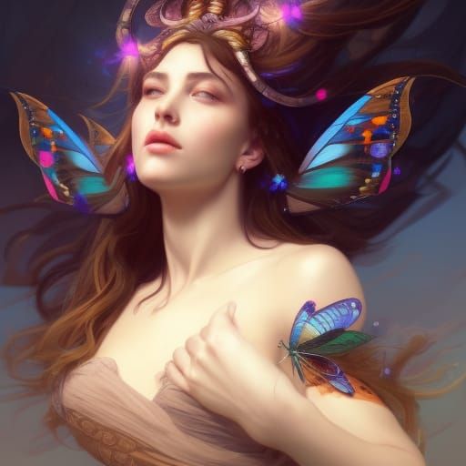 Butterfly Goddess Portrait in Art Nouveau Style