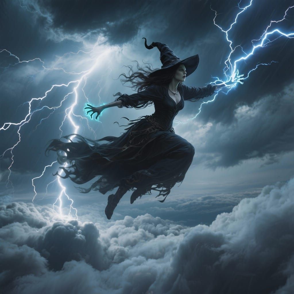Storm Witch Above Clouds with Lightning