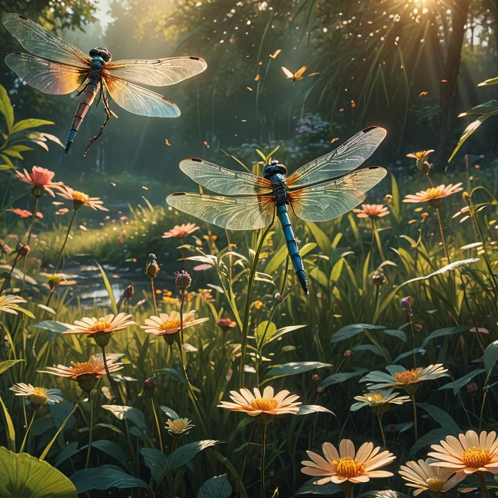 Dragonflies in a Vibrant Garden: Digital Matte Painting